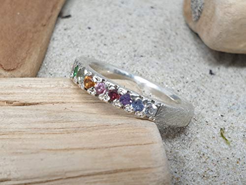 LeoLars-PABE Regenbogen Bandring aus 925er Silber mit 8 verschiedenen Edelsteinen, Gr. 53, Unikat, Handarbeit