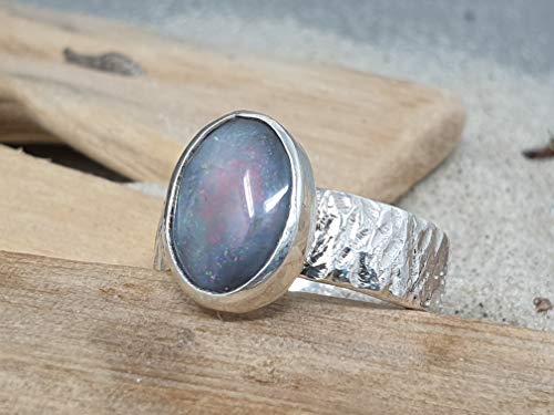 LeoLars-PABE Lightning Ridge Opal Ring aus 925er Silber, Gr.58, Struktur Ringschiene, Unikat, Handarbeit