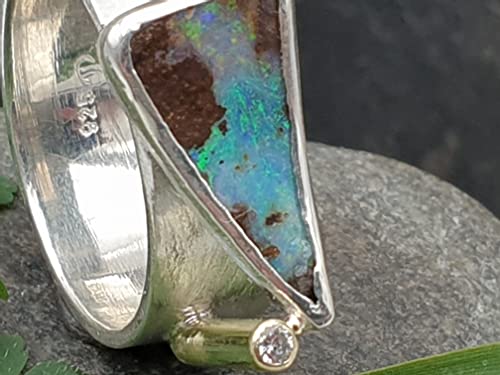 LeoLars-PABE Boulder Opal Design Ring, Gr.58 (18.7), aus 925er Silber mit Brilliant in 585er Kanal Fassung, Unikat, Handarbeit