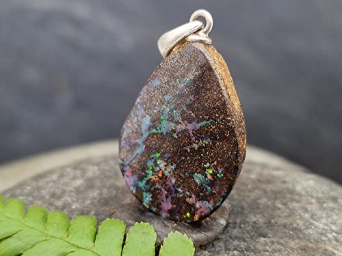LeoLars-PABE Anhänger mit Boulder Opal und 925er Silber Stiftöse, Mehrfarbig, Opal 21.1 x 15.3 x 4.3mm, Unikat, Handarbeit