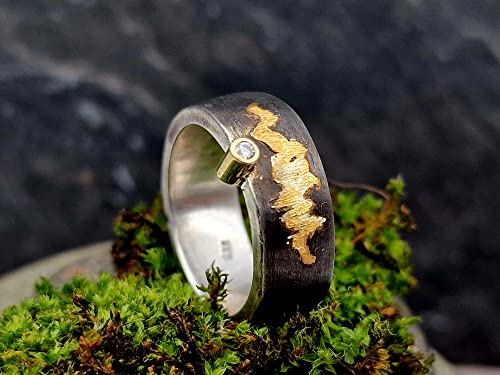 LeoLars-PABE Diamant Design Ring, Gr.62, aus 925er Silber mit Goldfassung und Goldakzenten, geschwärzt, starker Kontrast, massiv, Unikat, Handarbeit