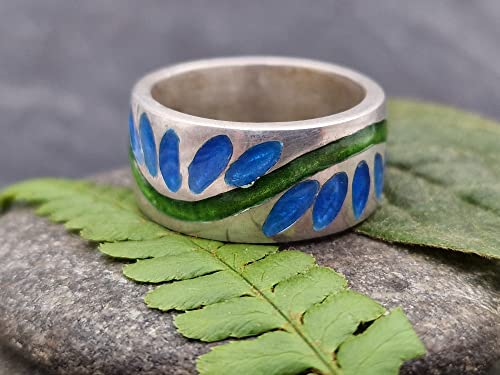LeoLars-PABE Emaille Ring, Gr.61 (19.5), aus 925er Silber, grün-blau floral-blumig stilisiertes Muster, umlaufend, Unikat, Handarbeit