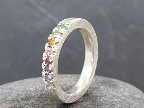 LeoLars-PABE Regenbogen Bandring aus 925er Silber mit 8 verschiedenen Edelsteinen, Gr. 53, Unikat, Handarbeit