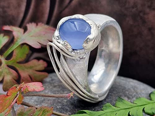 LeoLars-PABE Chalcedon Design Ring, Gr.58 (18,5), aus 925er Silber, Wellen Design, Massiv, Seidenmatt, Unikat, Handarbeit