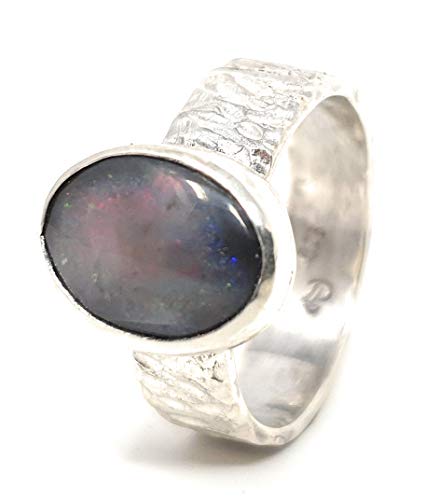 LeoLars-PABE Lightning Ridge Opal Ring aus 925er Silber, Gr.58, Struktur Ringschiene, Unikat, Handarbeit