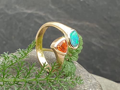 LeoLars-PABE Edler Boulder Opal und Feueropal Design Ring, Gr. 58, aus 750er Gelbgold, Fire and Water, Unikat, Handarbeit