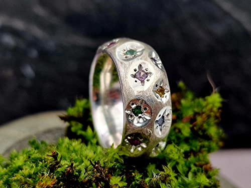 LeoLars-PABE Blüten Design Ring, Gr.56, aus 925er Silber, massiv, mit Citrin, Amethyst, Rubin, Tsavorit, Saphir und Blautopas als Blüten, Unikat, Handarbeit