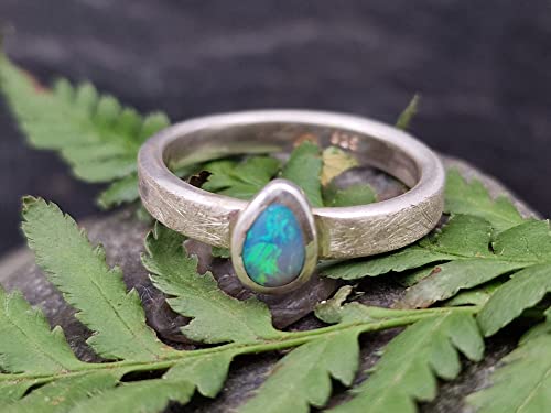 LeoLars-PABE Lightning Ridge Opal Ring, Gr.60 (19), aus 925er Silber, Opal Tropfen grün-blau, gebürstet, Unikat, Handarbeit