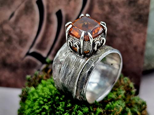 LeoLars-PABE Madeira Citrin Design Ring, Gr. 54-55, aus 925er Silber mit Bambus Struktur, teilgeschwärzt, massiv, Unikat, Handarbeit