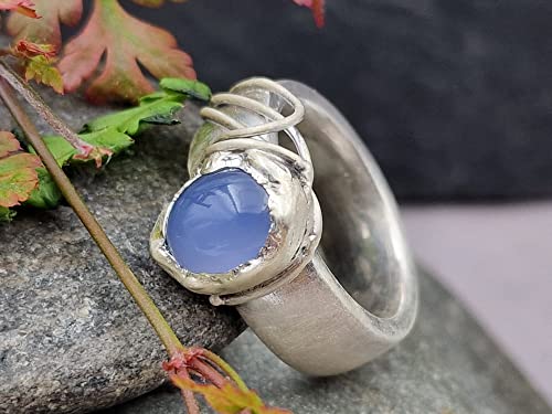 LeoLars-PABE Chalcedon Design Ring, Gr.58 (18,5), aus 925er Silber, Wellen Design, Massiv, Seidenmatt, Unikat, Handarbeit
