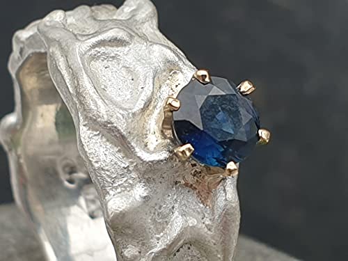 LeoLars-PABE Saphir Design Ring, 925er Silber, Gr.58, Organic Design, 585er Goldfassung, Unikat, Handarbeit