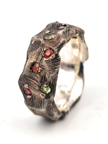 LeoLars-PABE Felsenlook Design Ring, Gr.65, aus 925er Silber mit Rubin und verschieden farbigen Saphiren, teilgeschwärzt, massiv, Unikat, Handarbeit