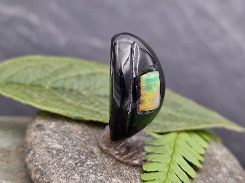 LeoLars-PABE Welo Opal Anhänger in gebohrtem Onyx mit 60 cm Lederband, Mehrfarbig, Opal 7.3mm x 5.7mm, Unikat, Handarbeit