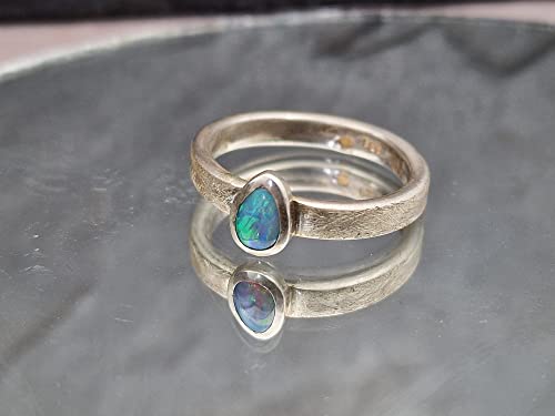 LeoLars-PABE Lightning Ridge Opal Ring, Gr.60 (19), aus 925er Silber, Opal Tropfen grün-blau, gebürstet, Unikat, Handarbeit