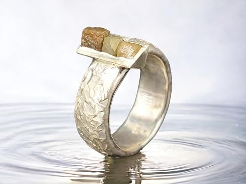 LeoLars-PABE Rohdiamant Design Ring, Gr. 58 (18,5), aus 925er Silber, Stein Design Oberfläche, 3 große Roohdiamanten in gelb, grau, braun, Unikat, Handarbeit