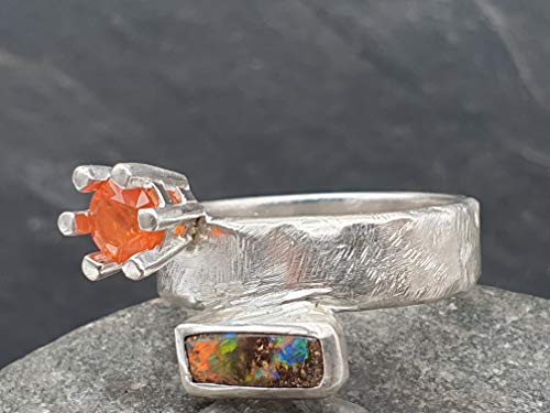 LeoLars-PABE Boulder und Feueropal Design Ring aus 925er Silber, Gr.57, geschmiedetes Design, Unikat, Handarbeit