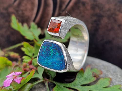 LeoLars-PABE Schwarzer Opal und Feueropal Design Ring, Gr.57-58, aus 925er Silber, oben offen, eismattiert, Unikat, Handarbeit