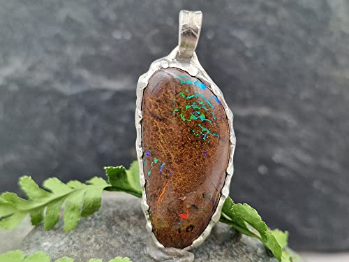 LeoLars-PABE Boulder Matrix Opal Design Anhänger aus 925er Silber, Mehrfarbig, Opal 32x15mm, Unikat, Handarbeit