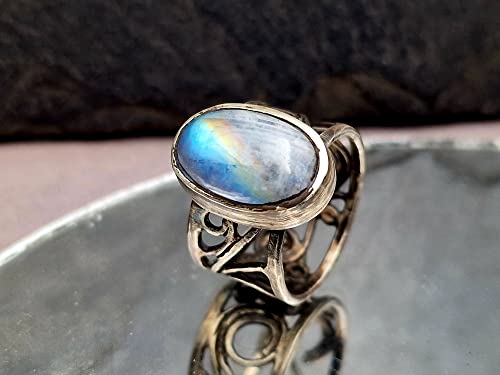 LeoLars-PABE Weißer Labradorit Filigree Ring, Gr.57-58, aus 925er Silber, Regenbogen Mondstein, teilgeschwärzt, magisch, mystisch, Unikat, Handarbeit