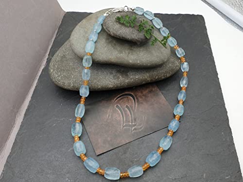 LeoLars-PABE Aquamarin und Mandaringranat Kette Feuer und Eis, 44cm lang, 925er Silber, Handarbeit