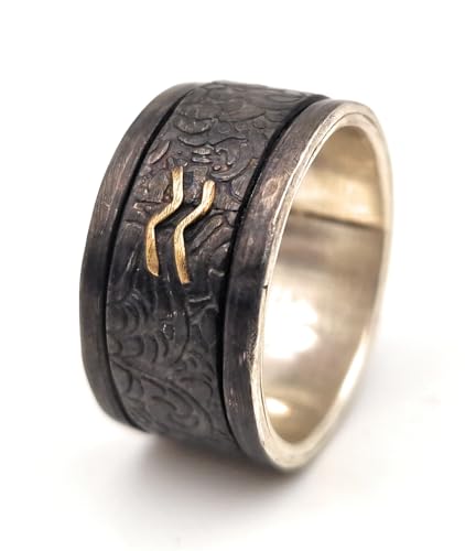 LeoLars-PABE Herren Spinner Design Ring, Gr.69, aus 925er Silber mit Feingold Wellen, geprägt, geschwärzt, magisch, mystisch, Unikat, Handarbeit