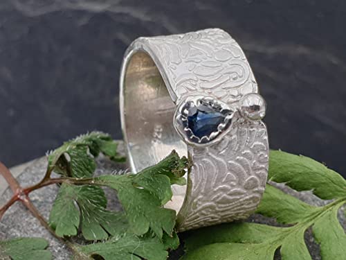 LeoLars-PABE Saphir Design Ring, Gr. 62-63, aus 925er Silber, Structure Design mit Silberperle, Unikat, Handarbeit