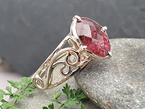 LeoLars-PABE Himbeerfarbener Turmalin Filigree Ring aus 750er Weißgold, Gr. 58, 6.05ct., filigran, verspielt, Unikat, Handarbeit