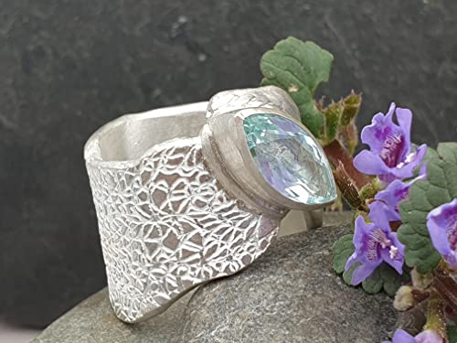 LeoLars-PABE Aquamarin Design Ring, Gr.58 (18.5), aus 925er Silber, Navette, Ring massiv, teil Strukturiert, Unikat, Handarbeit