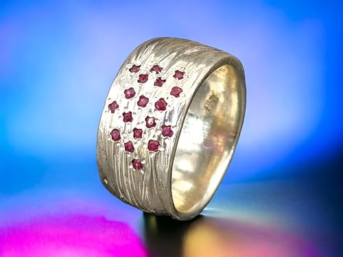 LeoLars-PABE Rubin Ring im Wellen Design, Gr.58 (18,5), aus 925er Silber, 18 Rubine, schönes rot, massiv, Unika, Handarbeit