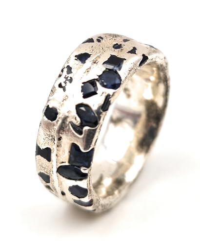 LeoLars-PABE Design Saphir Sandguss Design Herren Ring, Gr.66 (21), mit echten blauen eingegossenen Saphiren aus 925er Silber, Unikat, Handarbeit