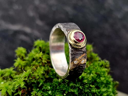 LeoLars-PABE Rubin Design Ring, Gr.55-56, aus 925er Silber mit Goldfassung und zwei Diamanten, teilgeschwärzt, Unikat, Handarbeit