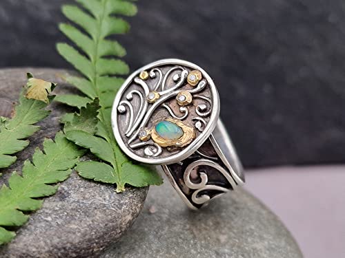 LeoLars-PABE Lightning Ridge Opal Design Filigree Ring, Gr.57 (18.2), aus 925er Silber mit vier Diamantan in Feingold Fassungen, geschwärzt, Unikat, Handarbeit