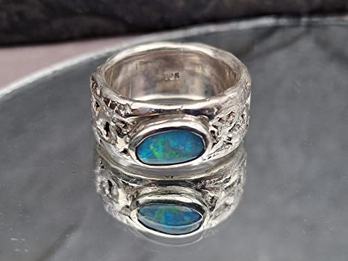 LeoLars-PABE Lightning Ridge Opal Design Ring, Gr.57 (18.2), aus 925er Silber, Oberfläche Spitzen Stoff, Multicolor, Unikat, Handarbeit