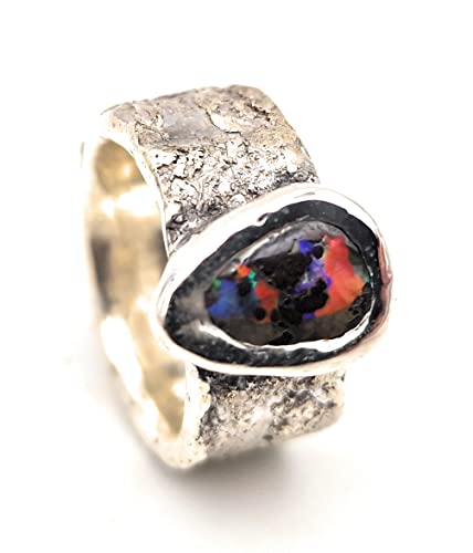 LeoLars-PABE Structure Design Stein Ring mit Boulder Opal aus 925er Silber, Gr.56, Opalflash mehrfarbig, Opal 11x7.3mm, Unikat, Handarbeit