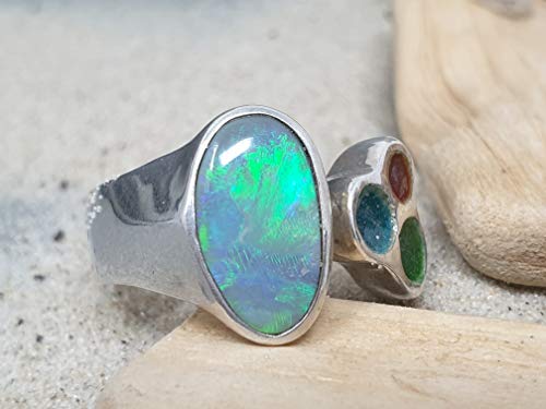 LeoLars-PABE Lightning Ridge Opal Ring oben offen mit Emaille aus 925er Silber, Gr.59, Unikat, Handarbeit