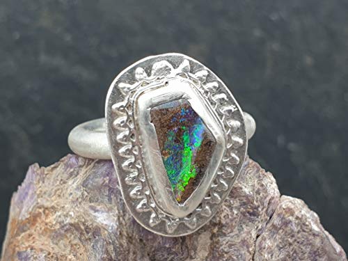 LeoLars-PABE Boulder Opal Design Ring aus 925er Silber, Gr. 56, Rahmen um die Fassung, Unikat, Handarbeit