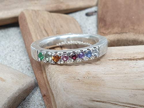 LeoLars-PABE Regenbogen Bandring aus 925er Silber mit 8 verschiedenen Edelsteinen, Gr. 53, Unikat, Handarbeit