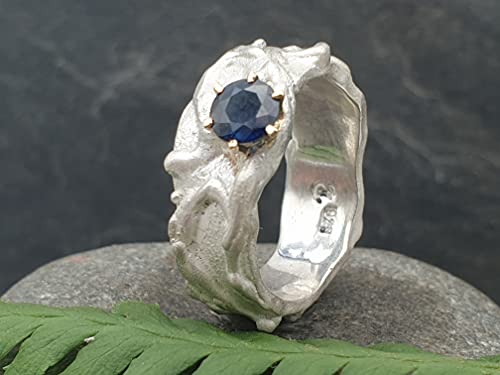 LeoLars-PABE Saphir Design Ring, 925er Silber, Gr.58, Organic Design, 585er Goldfassung, Unikat, Handarbeit