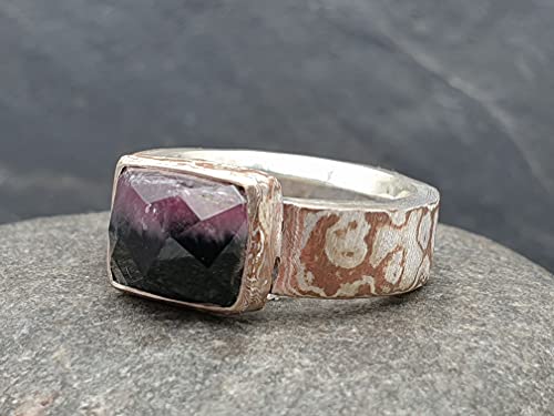 LeoLars-PABE Mokume Gane Silber-Kupfer Ring, Gr.52 mit zweifarbigem Turmalin, Unikat, Handgeschmiedet