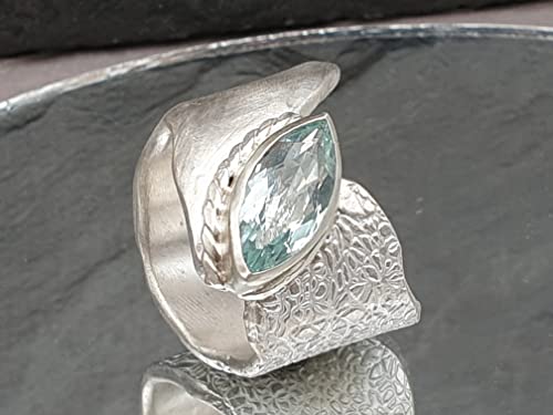 LeoLars-PABE Aquamarin Design Ring, Gr.58 (18.5), aus 925er Silber, Navette, Ring massiv, teil Strukturiert, Unikat, Handarbeit