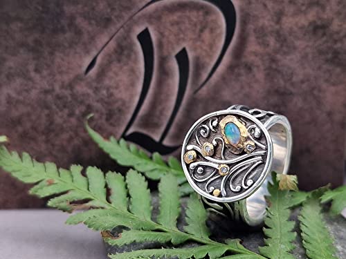 LeoLars-PABE Lightning Ridge Opal Design Filigree Ring, Gr.57 (18.2), aus 925er Silber mit vier Diamantan in Feingold Fassungen, geschwärzt, Unikat, Handarbeit