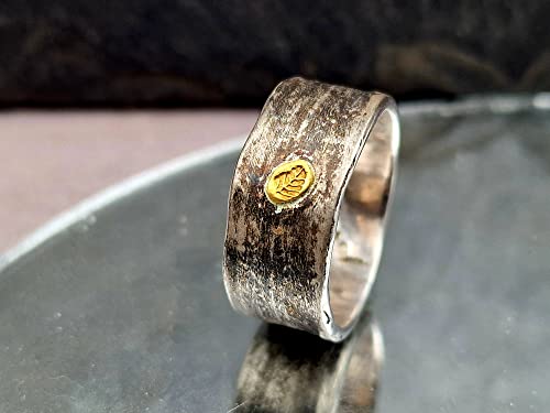 LeoLars-PABE Design Ring Bambus aus 925er Silber, Gr. 60, mit Feingoldblatt , aus echten Bambusblättern, teilgeschwärzt, Unikat, Handarbeit