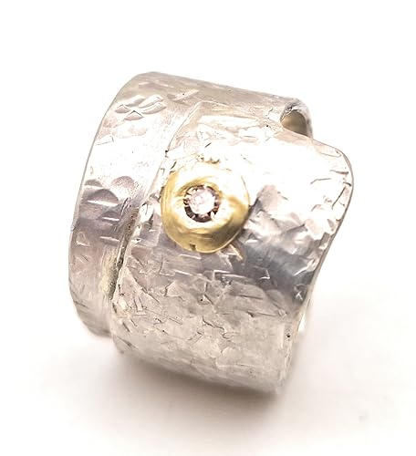 LeoLars-PABE Breiter Wickel Design Ring mit 3mm cognacfarbenem Brilliant, aus 925er Silber mit 585er Goldfassung, Gr.60/61, Unikat, Handarbeit
