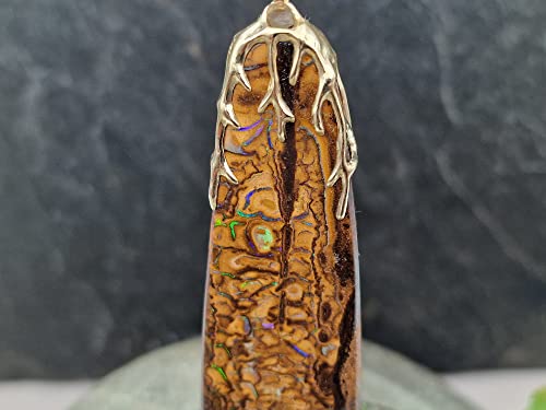 LeoLars-PABE Boulder Opal Design Anhänger mit 585er Tribal Gold Aufhängung, grün-blaues Opalfeuer, tolles Muster, beidseitig tragbar, Unikat, Handarbeit