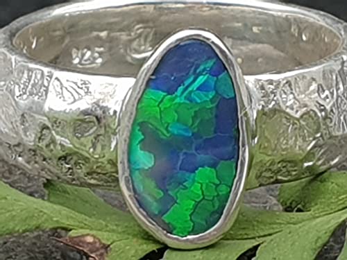 LeoLars-PABE Lightning Ridge Opal Design Ring, Gr.58, 925er Silber, Grün-Blaues Honeycomb Pattern Feuer, Unikat, Handarbeit