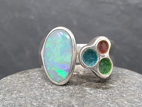 LeoLars-PABE Lightning Ridge Opal Ring oben offen mit Emaille aus 925er Silber, Gr.59, Unikat, Handarbeit