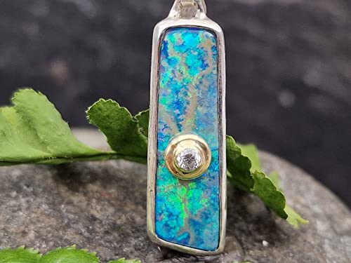 LeoLars-PABE Lightning Ridge Opal Design Anhänger aus 925er Silber mit Diamant in 585er Gold Fassung, Unikat, Handarbeit