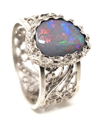 LeoLars-PABE Lightning Ridge Opal Filigree Ring aus 925er Silber, Gr.56, Filigran, Verspielt, Unikat, Handarbeit