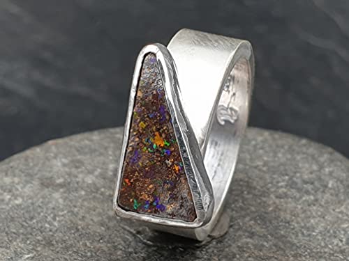 LeoLars-PABE Boulder Opal Ring aus 925er Silber, Gr.52, Massiv, Seidenmatt, Opal 14.5x8mm, Unikat, Handarbeit