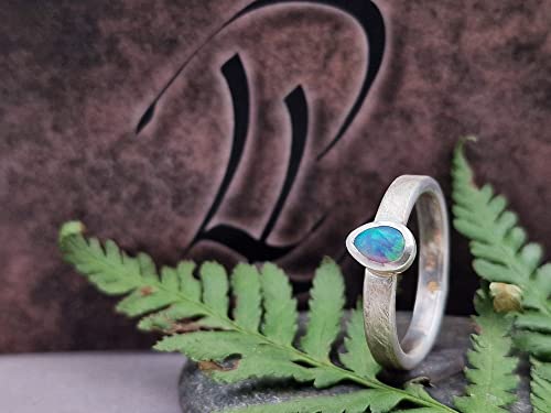 LeoLars-PABE Lightning Ridge Opal Ring, Gr.60 (19), aus 925er Silber, Opal Tropfen grün-blau, gebürstet, Unikat, Handarbeit